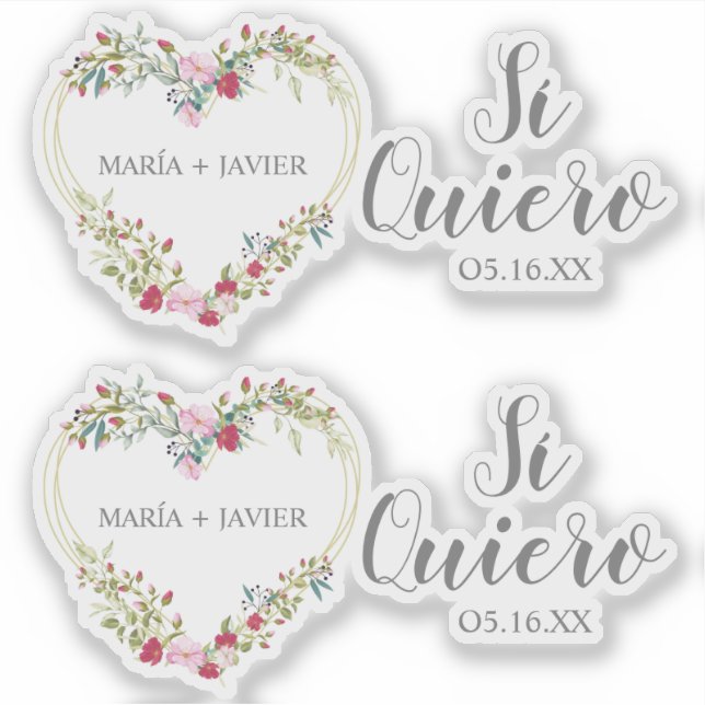 Adesivo Corazón Floral Sí Quiero Español para Boda (Frente)