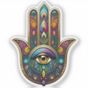 Adesivo Cores de Pavão Hamsa com Terceiro Olho Dourado