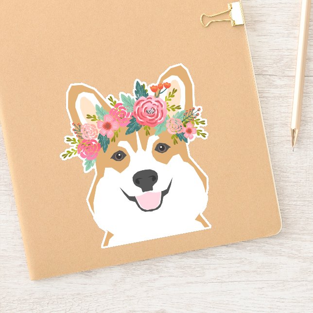 Adesivo Corgi Flower Crown vinil (Notebook)