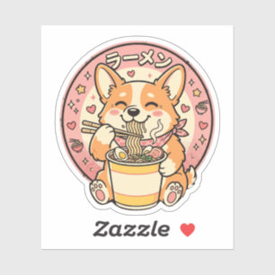 Adesivo Corgi Fofo Comendo Ramen Kawaii Macarrão Japonês