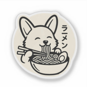 Adesivo Corgi Kawaii Comendo Macarrão Instantâneo Preto e