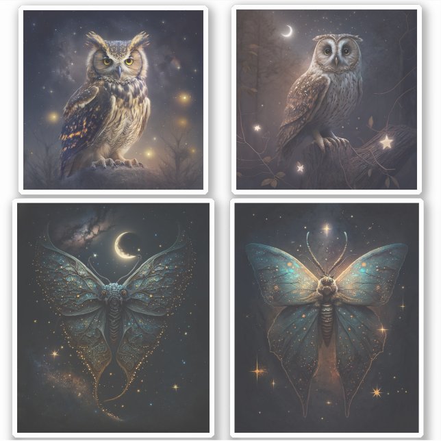 Adesivo Coruja mágica da floresta. Borboleta-mariposa notu (Frente)