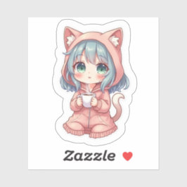 Adesivo Cozy Kawaii Anime Girl with Cat Hoodie – Hot Drink
