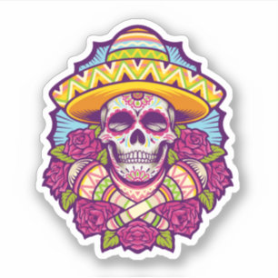 Adesivo Crânio de Açúcar com Sombrero Dia De Los Muertos