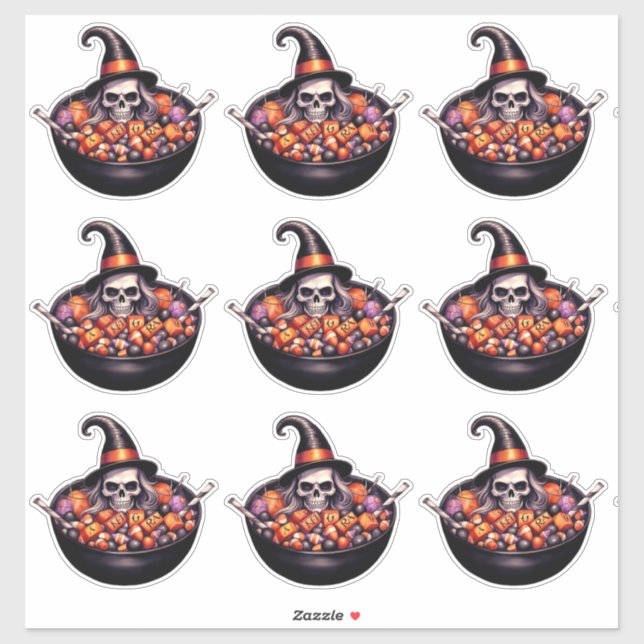 Adesivo Crânio de bruxa com tigela doce (Folha)