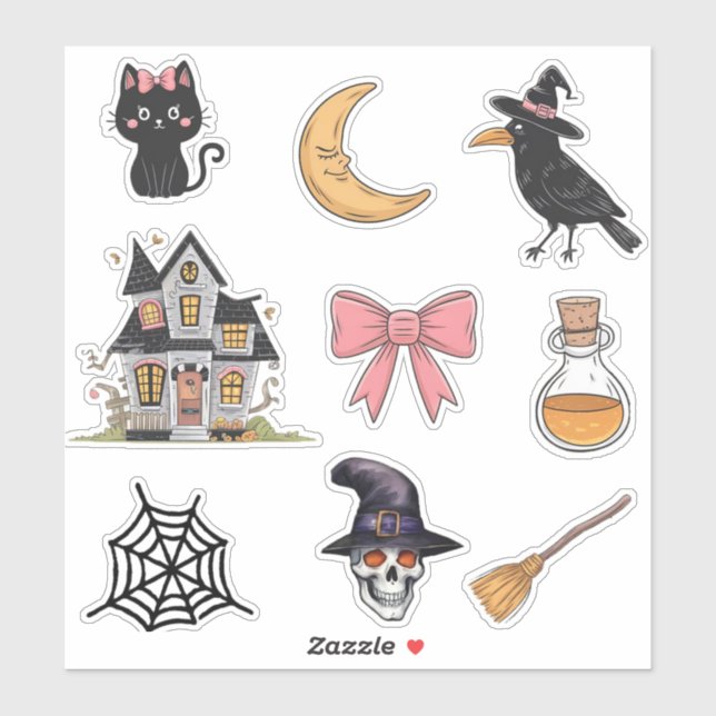 Adesivo Crânio de Halloween,gato,lua,corvo,casa assombrada (Folha)