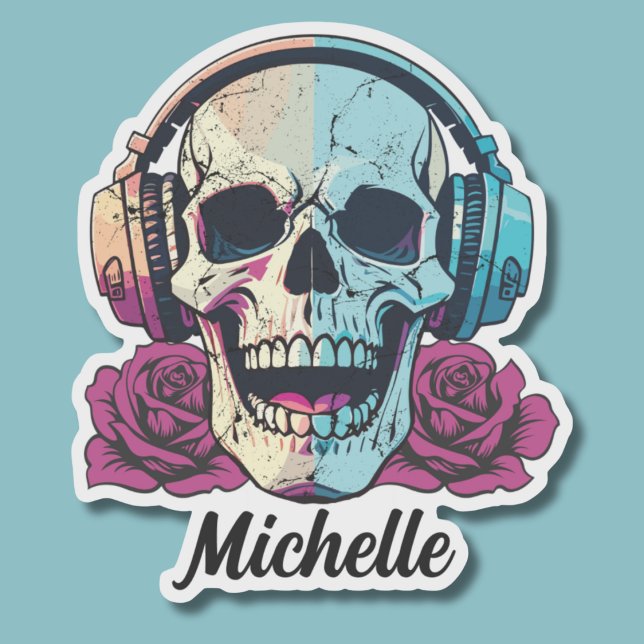 Adesivo Crânio Personalizado Com Fones de Ouvido à Prova d (Criador carregado)