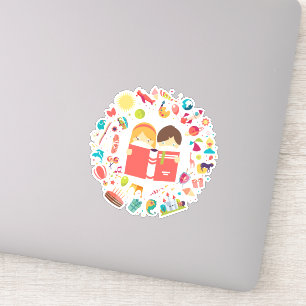 Adesivo Crianças bonitas lendo desenhos animados