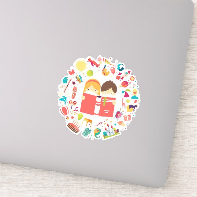 Adesivo Crianças bonitas lendo desenhos animados (Detalhe)