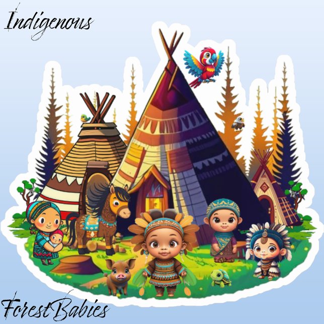 Adesivo Crianças, Dicas e Animais Índios indígenas da Amér (Indigenous ForestBabies Sticker)
