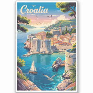 Adesivo Croácia Dubrovnik Ilustração Arte de Viagem Vintag