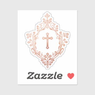 Adesivo Cruz Dourado Rosa no Elegante Crest Vintage Religi