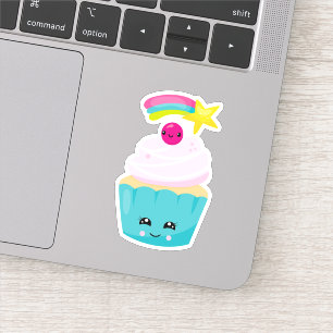Adesivo Cupcake azul-bonito com a face Kawaii