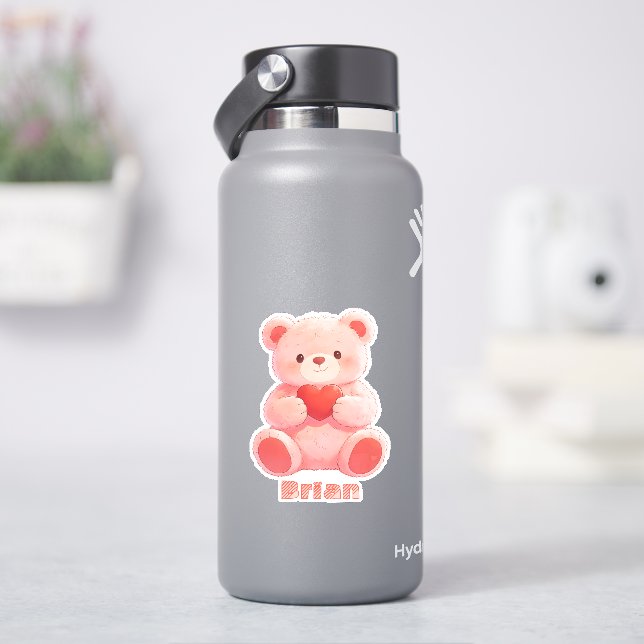 Adesivo Custom Name Watercolor Pink Teddy Bear Heart (HidroFlask)