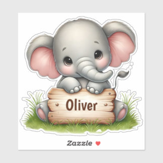 Adesivo Cute Baby Elephant Holding a Name Sign