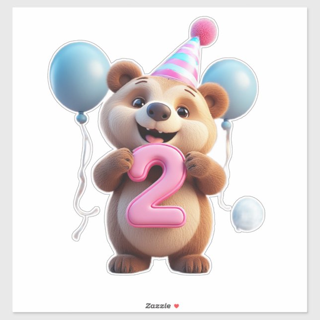 Adesivo Cute Birthday Bear With Party Hat And Balloons (Folha)