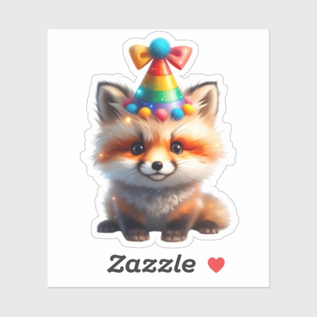 Adesivo Cute Birthday Fox with Rainbow Party Hat Sticker (Folha)