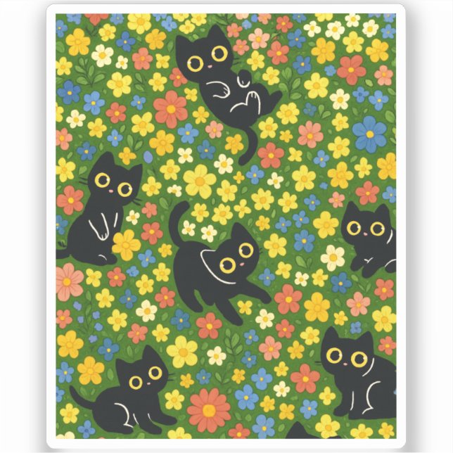 Adesivo Cute Black Cats Floral Meadow Pattern (Frente)