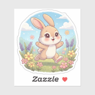 Adesivo Cute Bunny Hopping in a Flower Field