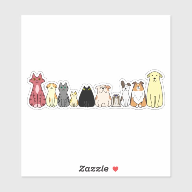 Adesivo cute cartoon dogs and cats in a row sticker (Folha)