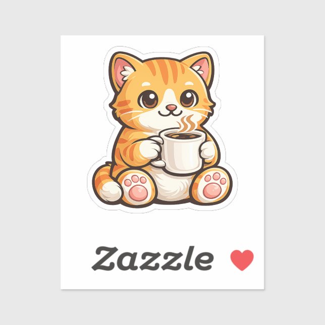 Adesivo Cute Cat Coffee – Cozy Orange Cat Drinking Coffee  (Folha)