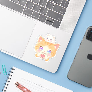 Adesivo Cute Cat Heart Hands with Hamster on Head Sticker