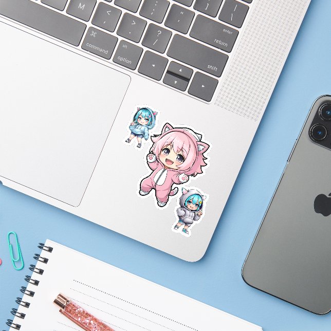 Adesivo Cute Chibi Anime Cat Hoodie Girl Vinyl Sticker (Notebook com iPhone)