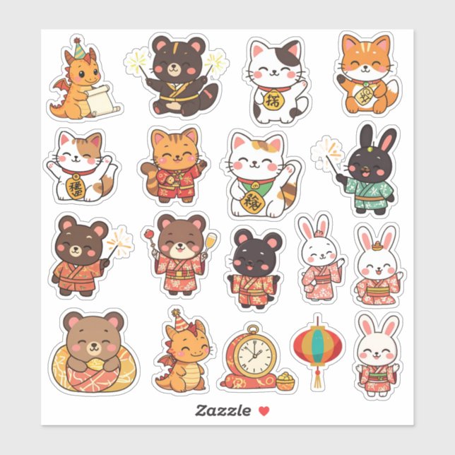 Adesivo Cute Chibi Lunar New Year Animals Vinyl Stickers (Folha)