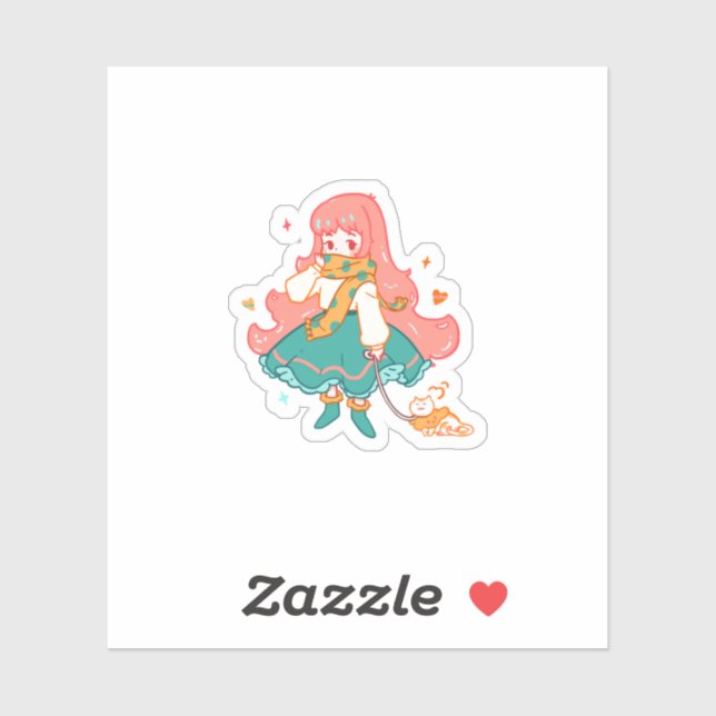 Adesivo Cute Chibi Pastel Anime Girl with Cat Vinyl (Folha)