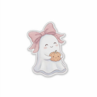 Adesivo Cute Coquette Ghost with Pink Bow & Pumpkin Hallow