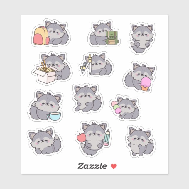 Adesivo Cute Cozy School Happy Wolf Chibi Sticker Set Pack (Folha)