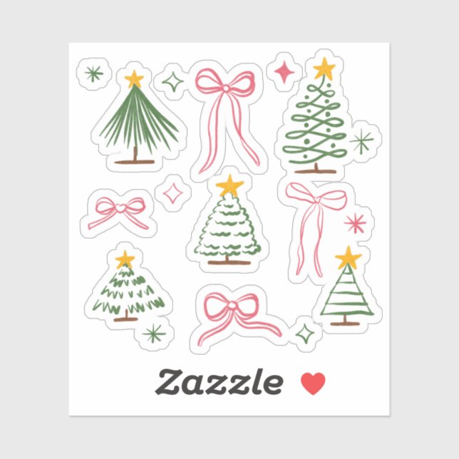Adesivo Cute Hand Drawn Christmas Trees and Bows Pattern (Folha)