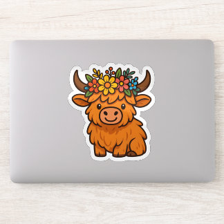 Adesivo Cute Highland Cow Sticker with Floral Crown