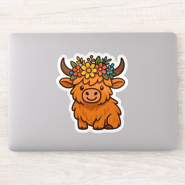 Adesivo Cute Highland Cow Sticker with Floral Crown (Computador)