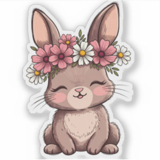 Adesivo Cute Kawaii Bunny With Pink Flower Crown Sticker -
