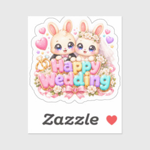 Adesivo Cute Kawaii Casal de Coelho de Casamento Feliz Ros