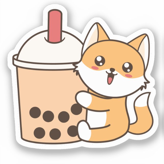 Adesivo Cute Kawaii Engraçado Fox Boba Bubble Tea (Frente)