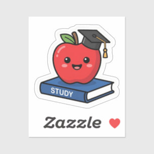 Adesivo Cute Kawaii Maçã Vermelha Usando Boina de Graduaçã