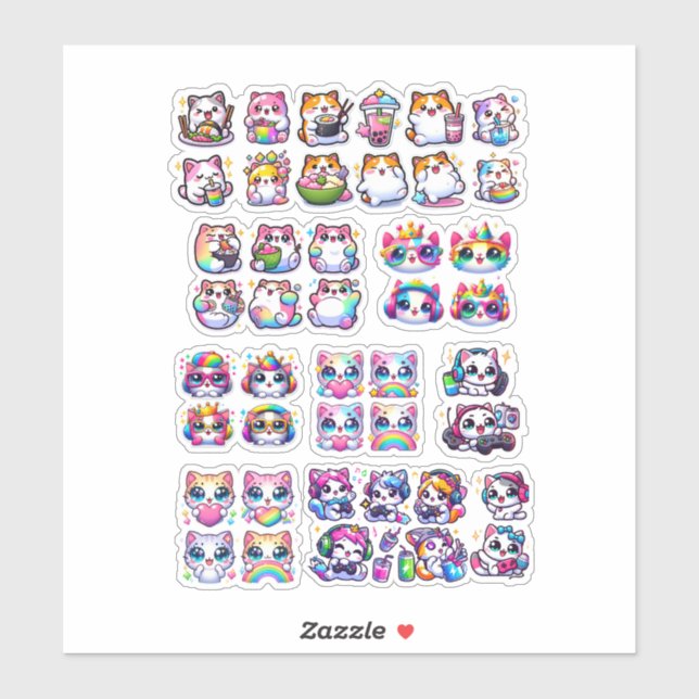 Adesivo Cute Kawaii Rainbow Cat Stickers – Adorable Gamer  (Folha)