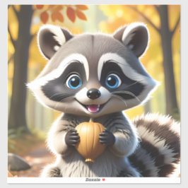 Adesivo Cute Kawaii style Racoon segurando uma bolota