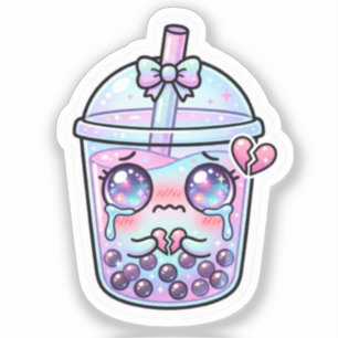 Adesivo Cute Kawaii Triste Boba Milk Tea Chorando com Cora