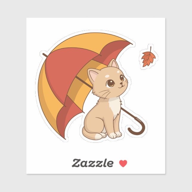 Adesivo Cute Kitten Cat Red Yellow Umbrella Fall (Folha)