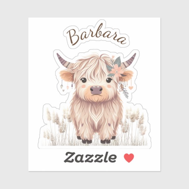 Adesivo Cute Modern Boho Highland Cow, Nome Personalizado (Folha)