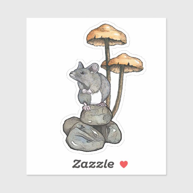 Adesivo Cute Mouse Standing on Rocks, with Mushrooms (Folha)