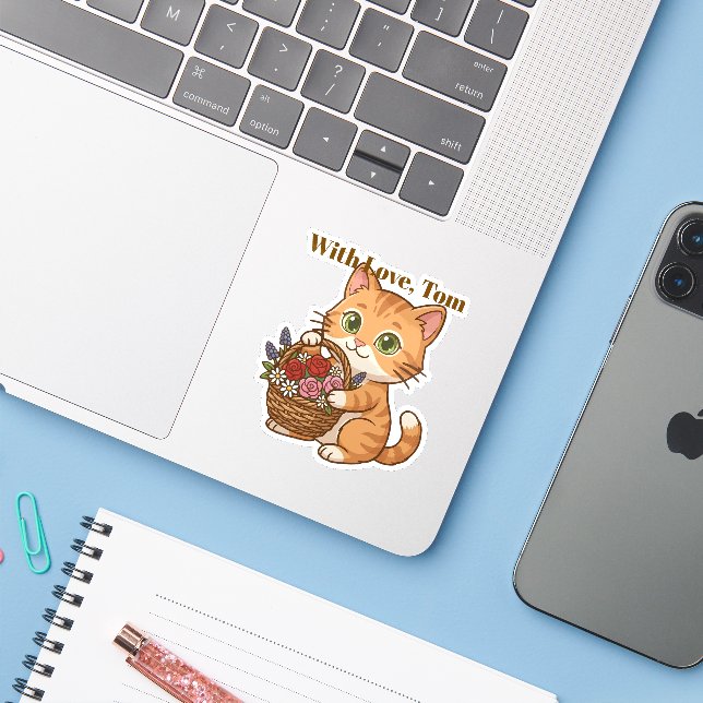 Adesivo Cute Orange Cat & Spring Flowers: Die-Cut Sticker (Notebook com iPhone)