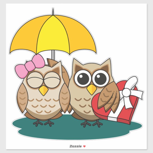 Adesivo Cute Owl Lovers w/ Umbrella & Red Chocolate Box (Folha)