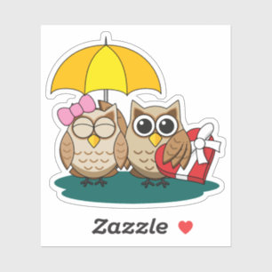 Adesivo Cute Owl Lovers w/ Umbrella & Red Chocolate Box