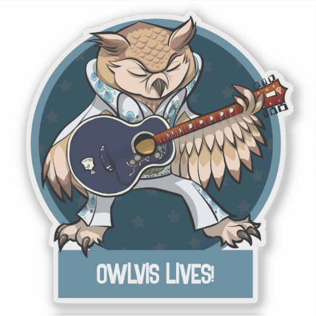 Adesivo Cute Owl Owlvis Lives! Singer With Guitar Cartoon (Frente)
