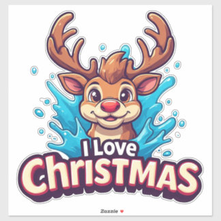 Adesivo Cute Reindeer Mascot With 'I Love Christmas' Text