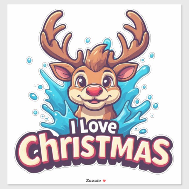 Adesivo Cute Reindeer Mascot With 'I Love Christmas' Text (Folha)